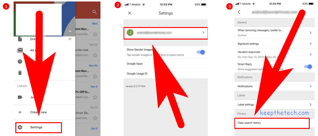 Unlike Gmail online application. Gmail app has an option to clear search history, it's a matter of fact. You can easily erase your Gmail search history in few steps.