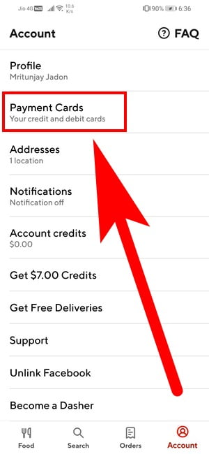remove card from doordash