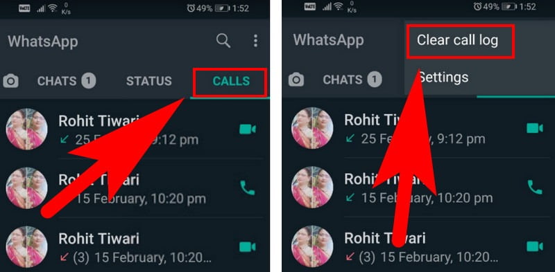 how to delete call history on whatsapp