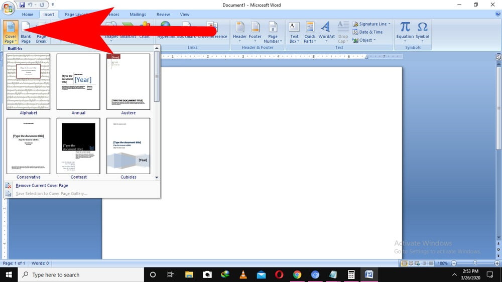 change cover page in word