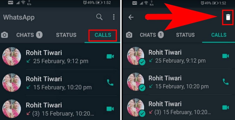  how to delete particular call from whatsapp