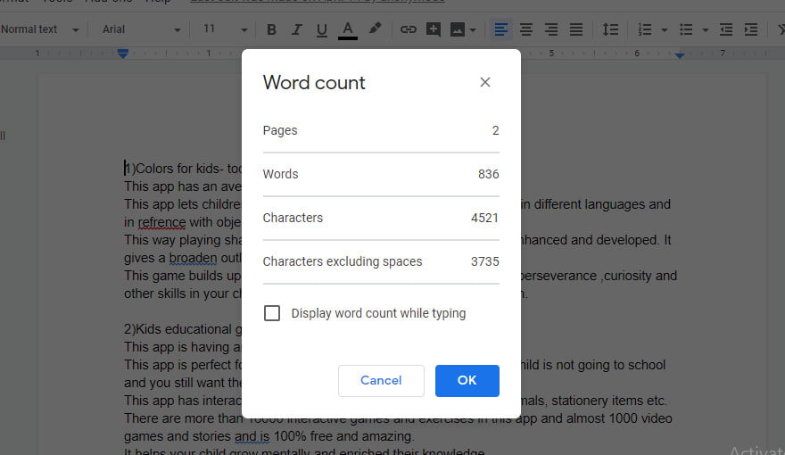 display word count while typing