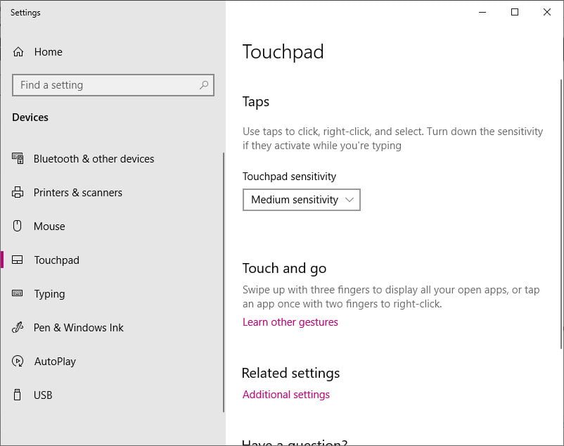 turn on touchpad windows 10