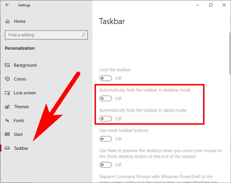 hide taskbar windows 10