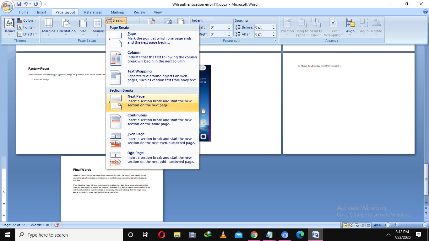how to change layout of one page in word to print layout