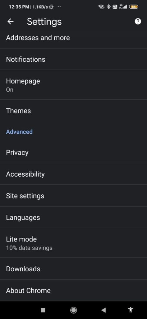 settings chrome android 