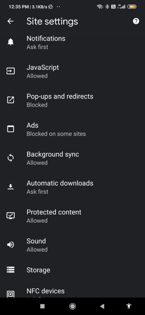 pop up settings chrome android 