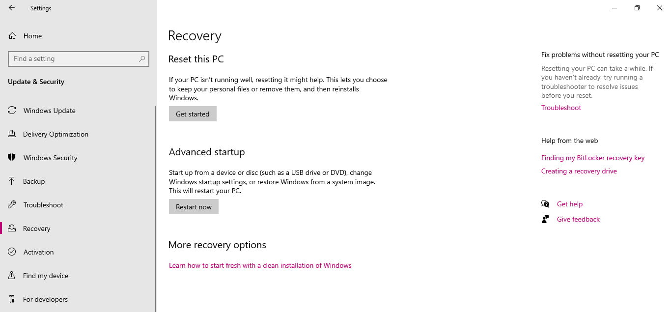 Windows 10 Recovery Option