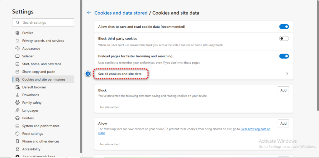 removing cookies on edge browser